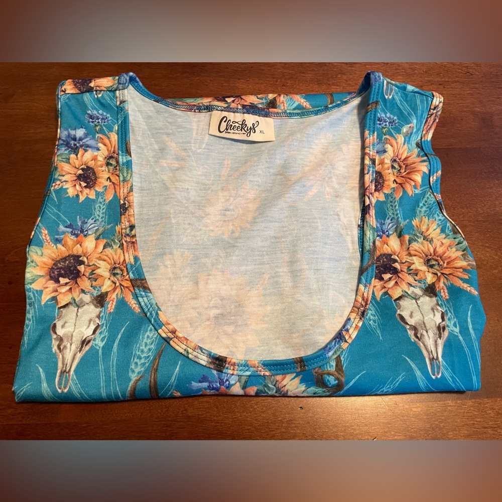 Cheekys XL Blue Racer Back Tank With Sunflowers And Skulls. NWOT